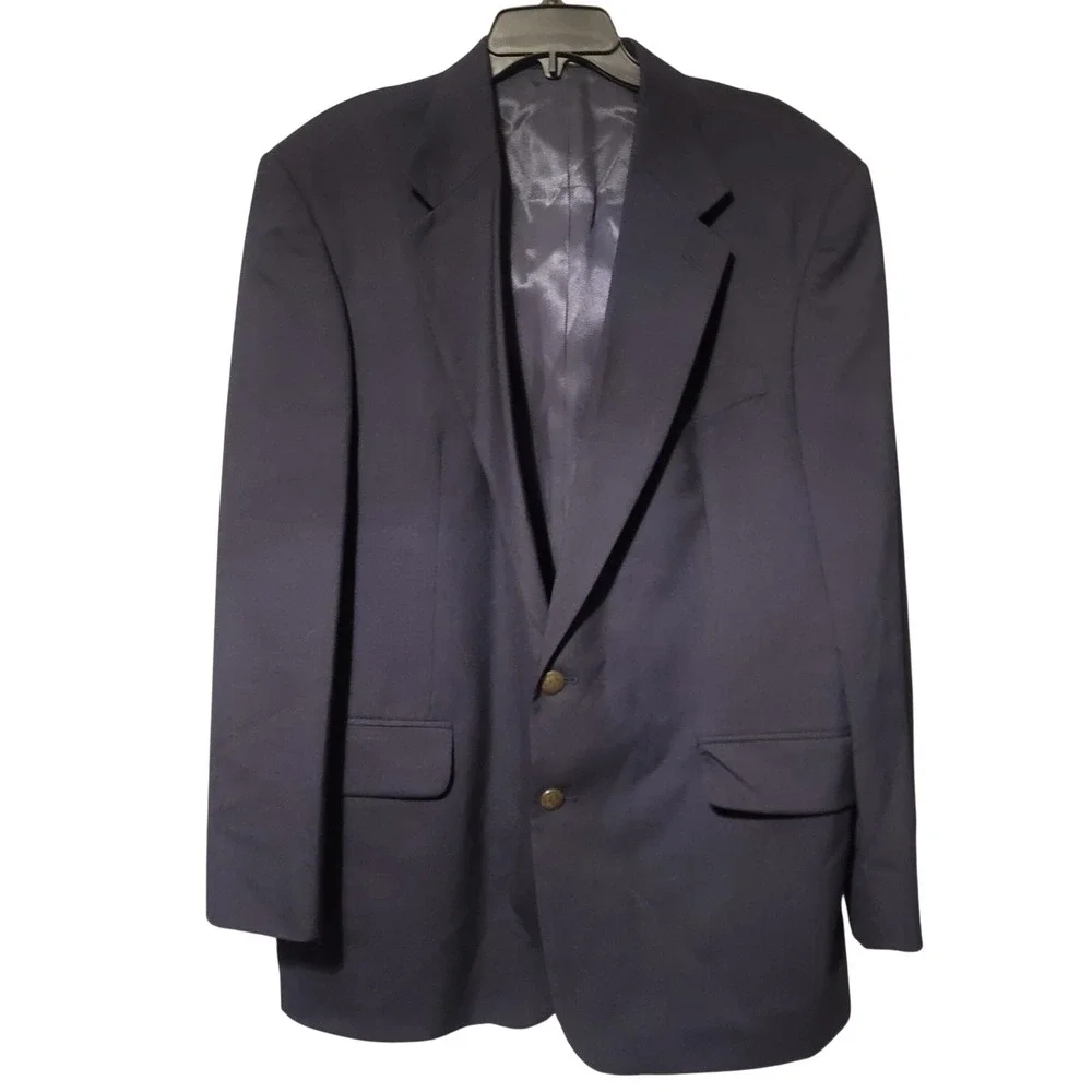 Oscar de la Renta Mens Navy Blue 100% Wool Blazer Sport‎ Coat Brass Buttons 44R